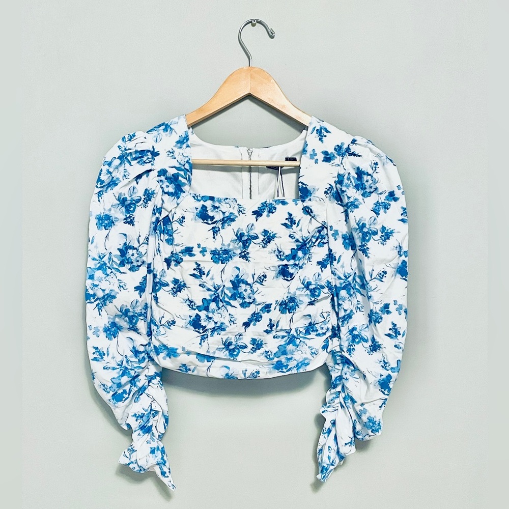 Boohoo Blue Floral Puff Sleeve Blouse